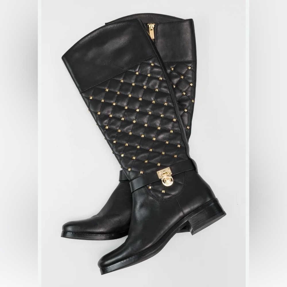 MICHAEL KORS HAMILTON Knee-High Black Leather Gold Studded Riding Boots.